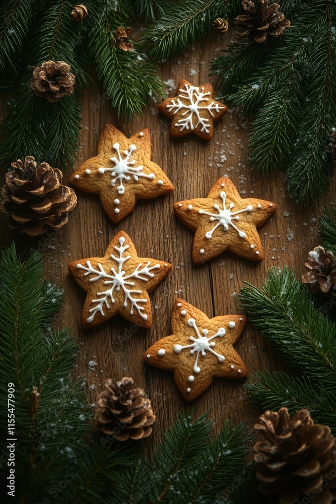 Festive gingerbread cookies arrangement cozy kitchen food photography rustic setting close-up view holiday spirit Festive gingerbread cookies arrangement cozy kitchen food photography rustic setting close-up view holiday spirit