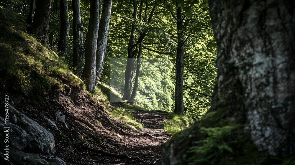 Serene Forest Pathway Through Lush Green Trees and Dappled Sunlight : Generative AI Serene Forest Pathway Through Lush Green Trees and Dappled Sunlight : Generative AI