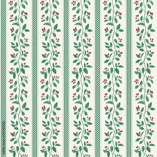Seamless pattern with vertical stripes and twigs of cotoneaster. Vector vintage illustration. Emerald and red.