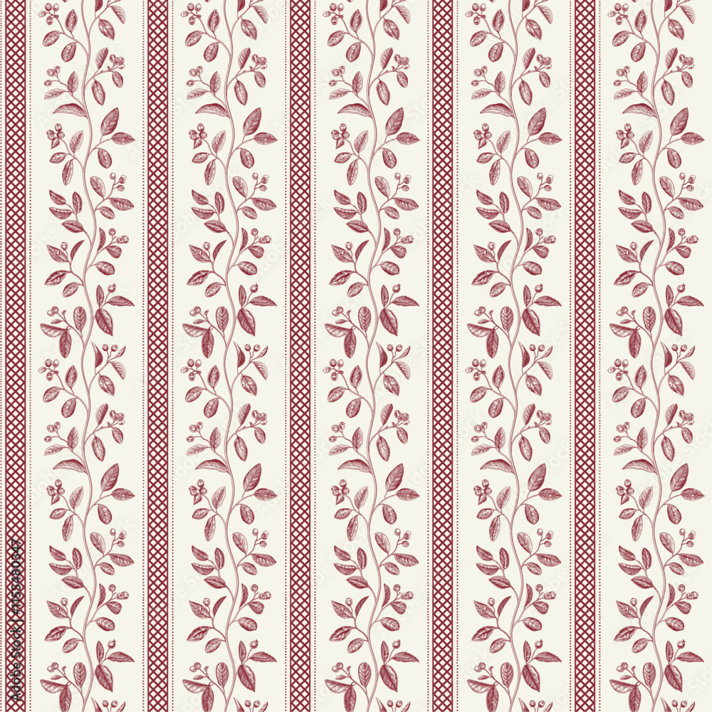 Seamless pattern with vertical stripes and twigs of cotoneaster. Vector vintage illustration. Red and white.