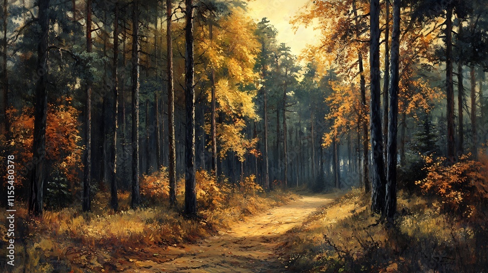 Obraz premium Idyllic Autumn Forest with Warm Hues and Sunlit Path for Scenic Outdoor Adventures : Generative AI