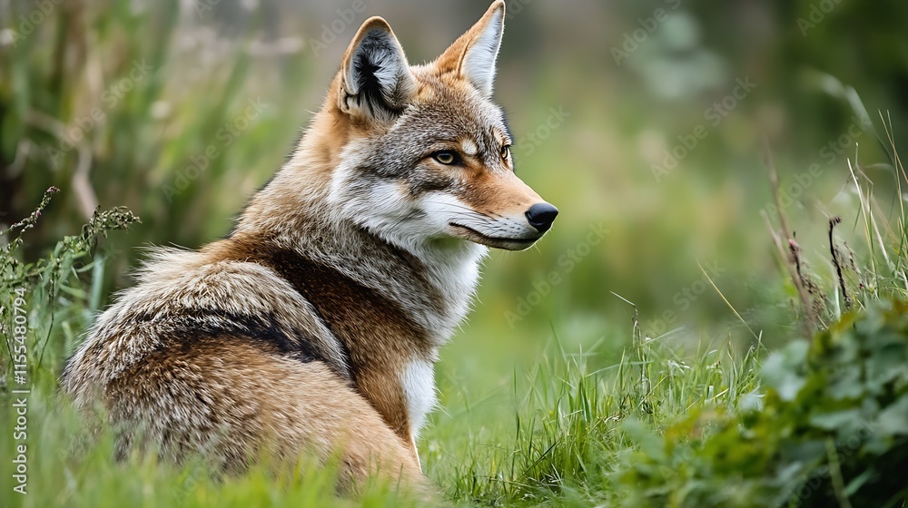Fototapeta premium Alert Coyote Sitting in Grassy Terrain Observing Natural Surroundings : Generative AI