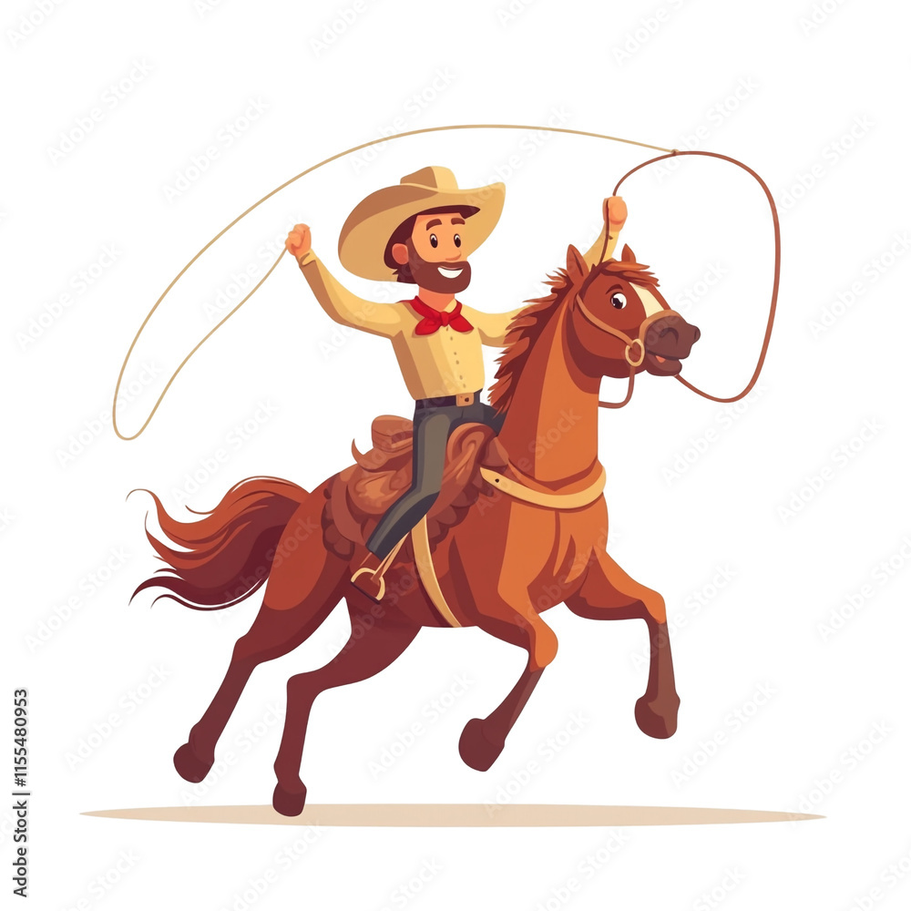 Cowboy Riding Horse Lassoing, Wild West Rodeo Action Illustration Cowboy Riding Horse Lassoing, Wild West Rodeo Action Illustration