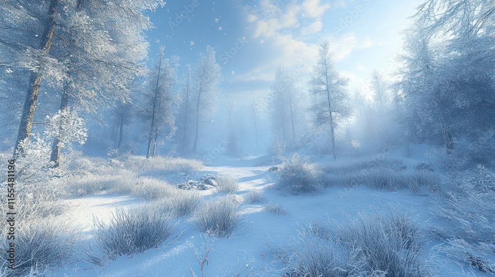Fototapeta premium Sunlit snowy forest path.