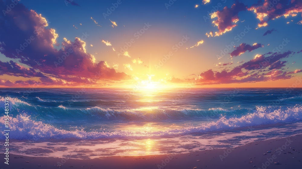 Fototapeta premium Vibrant sunset over ocean waves on sandy beach.