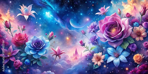 Mystical Floral Galaxy Wallpaper – Dreamy Cosmic Flowers with Shimmering Stars