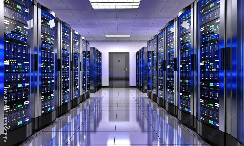 Modern Data Center: Rows of Servers in a High-Tech Facility