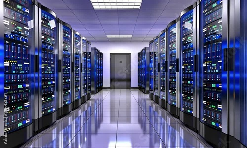 Modern Data Center: Rows of Servers in a High-Tech Facility