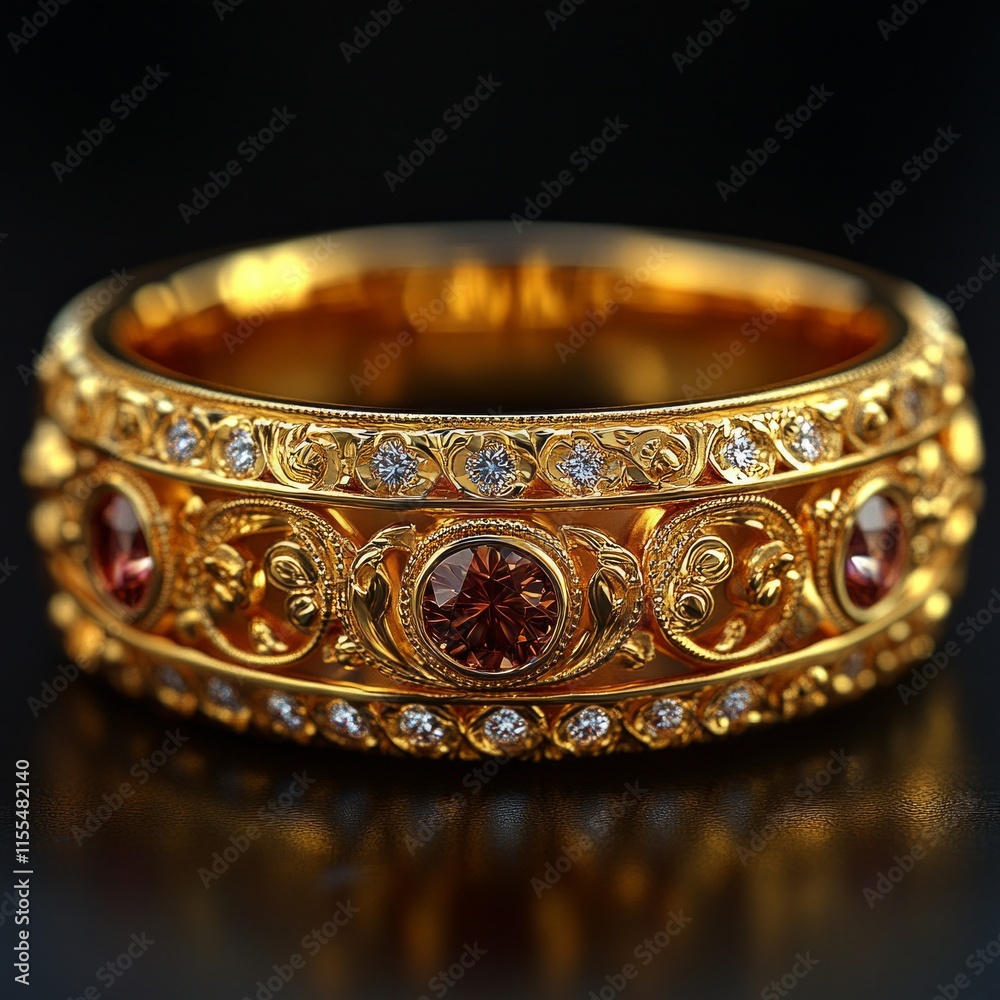 Ornate gold ring with intricate designs and gemstones Ornate gold ring with intricate designs and gemstones