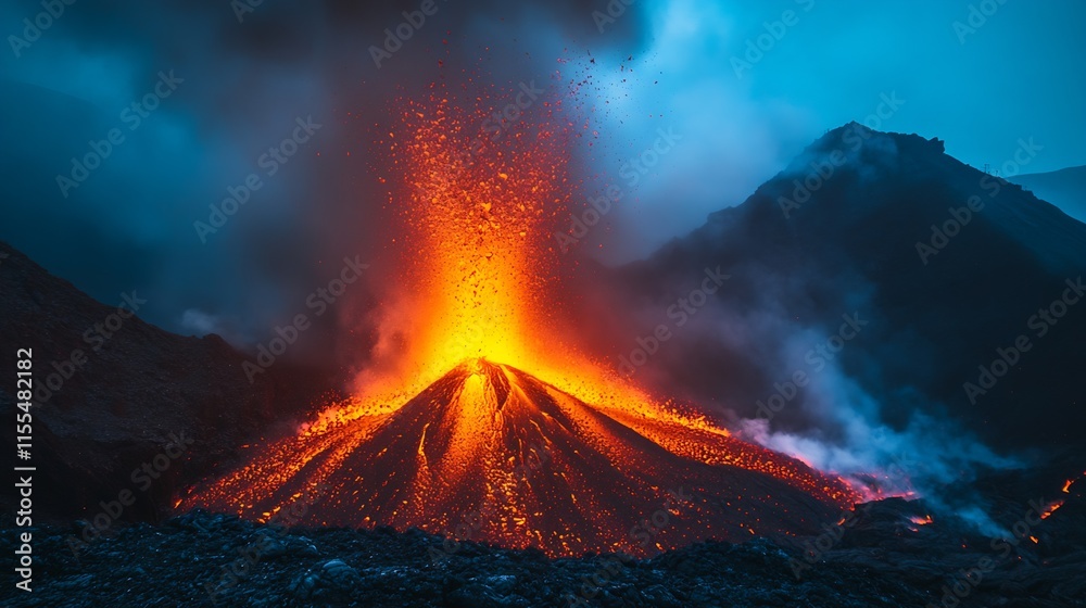 Intense Volcanic Eruption with Molten Lava Flow and Ash Cloud : Generative AI Intense Volcanic Eruption with Molten Lava Flow and Ash Cloud : Generative AI