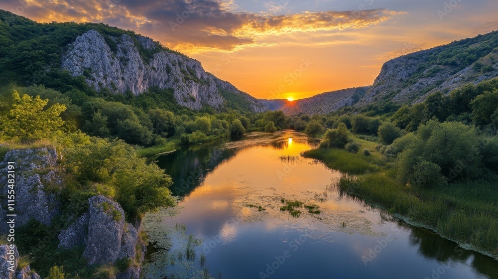 Serene Sunset Over Mountain River Valley Serene Sunset Over Mountain River Valley