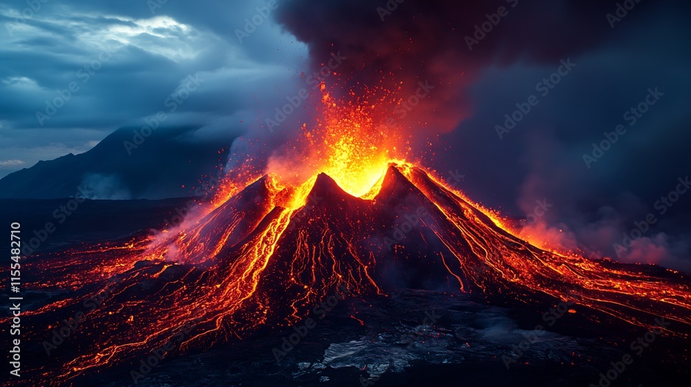 Fototapeta premium Dramatic Fiery Volcano Eruption Illuminating the Sky with Molten Lava Flowing Down : Generative AI