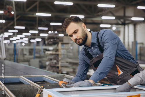 Slika na platnu Factory worker assembling aluminum window frame on production line