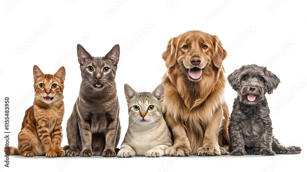 Fototapeta premium Diverse Group of Domestic Pets Featuring Dogs and Cats in Studio Portrait : Generative AI