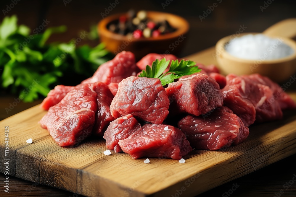 Freshly cut pieces of beef on a wooden board surrounded by herbs and spices Freshly cut pieces of beef on a wooden board surrounded by herbs and spices