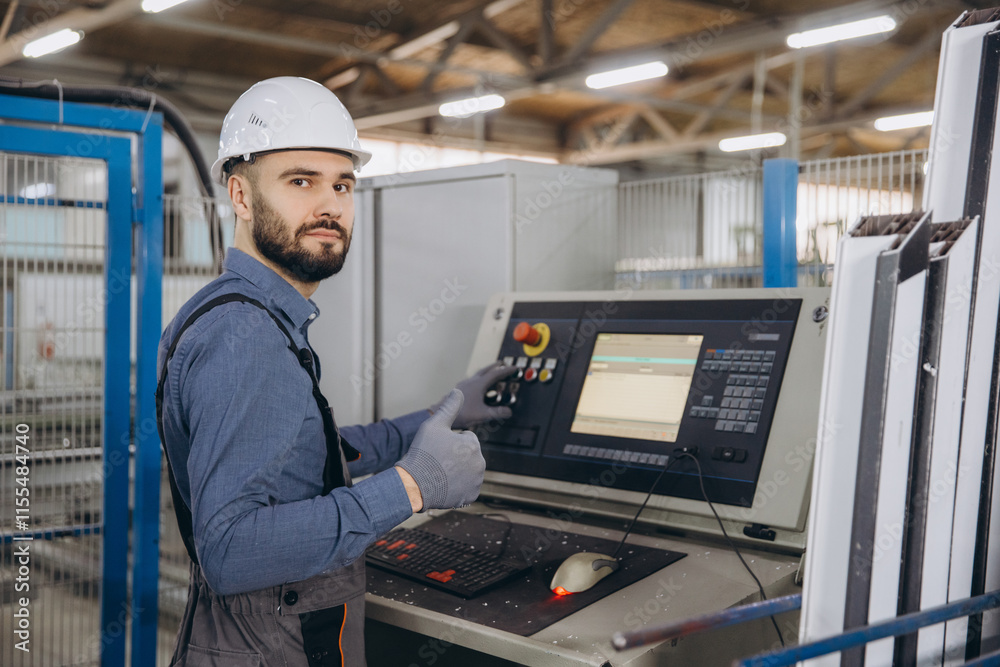 Factory worker operating industrial machine producing aluminum and pvc windows and doors Factory worker operating industrial machine producing aluminum and pvc windows and doors