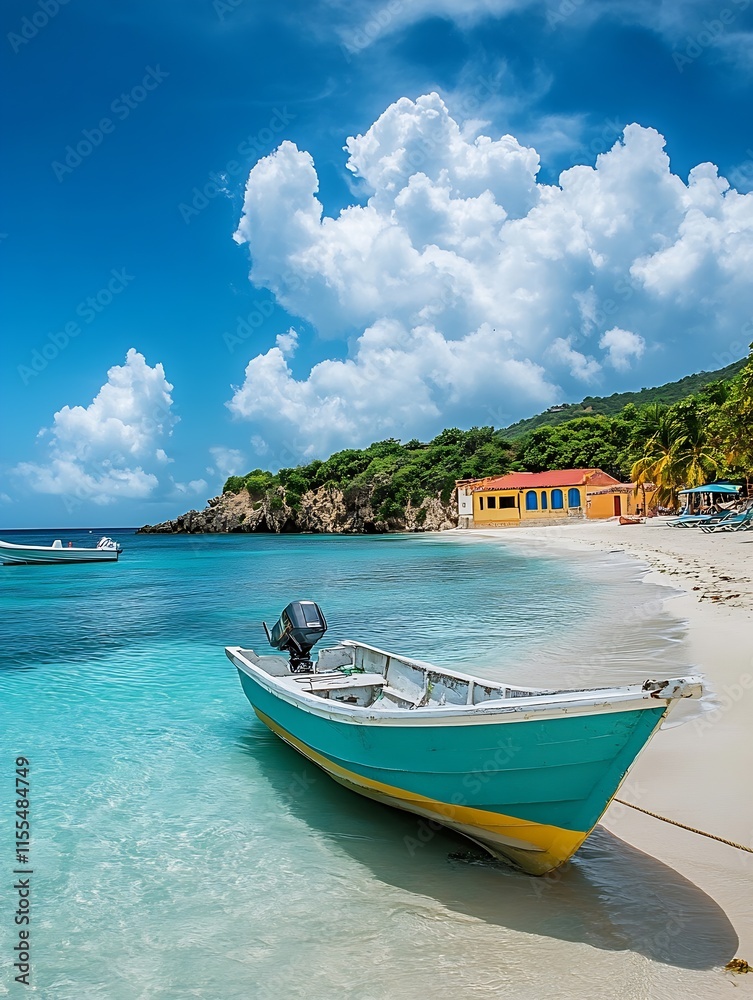 Obraz premium Serene Tropical Beach With Colorful Boat And Lush Green Landscape Under Blue Sky With White Clouds : Generative AI