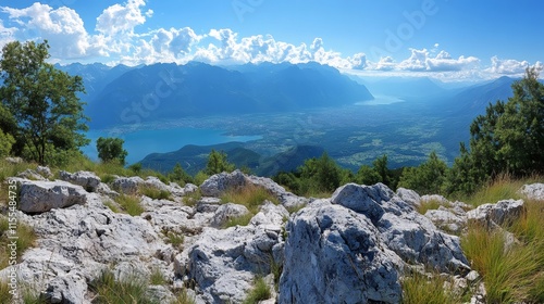 Panoramic view of lake annecy from a rocky mountain peak in the french alps