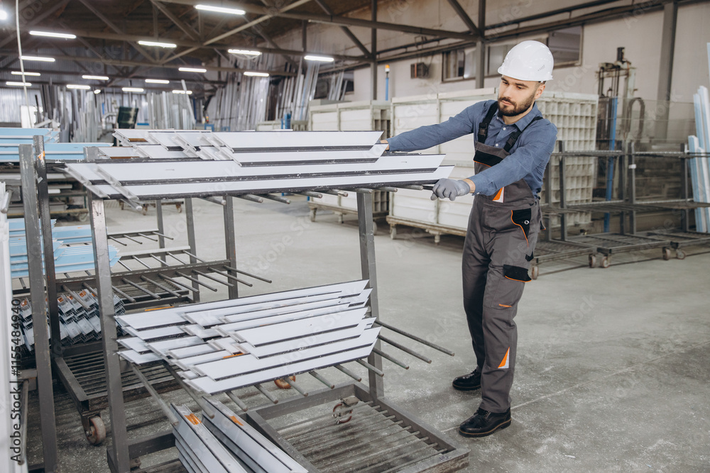 Factory worker moving aluminum profiles for window and door frames Factory worker moving aluminum profiles for window and door frames