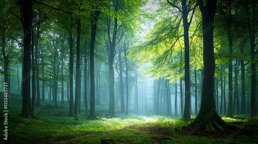 Fototapeta premium Lush Green Forest in Bright Sunlight with Misty Atmosphere and Tall Trees : Generative AI