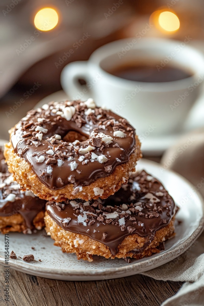 Delicious Soft Homemade Cookies with Chocolate Topping and Sprinkles Perfectly Displayed in a Cozy Café Setting with Bokeh Background Delicious Soft Homemade Cookies with Chocolate Topping and Sprinkles Perfectly Displayed in a Cozy Café Setting with Bokeh Background