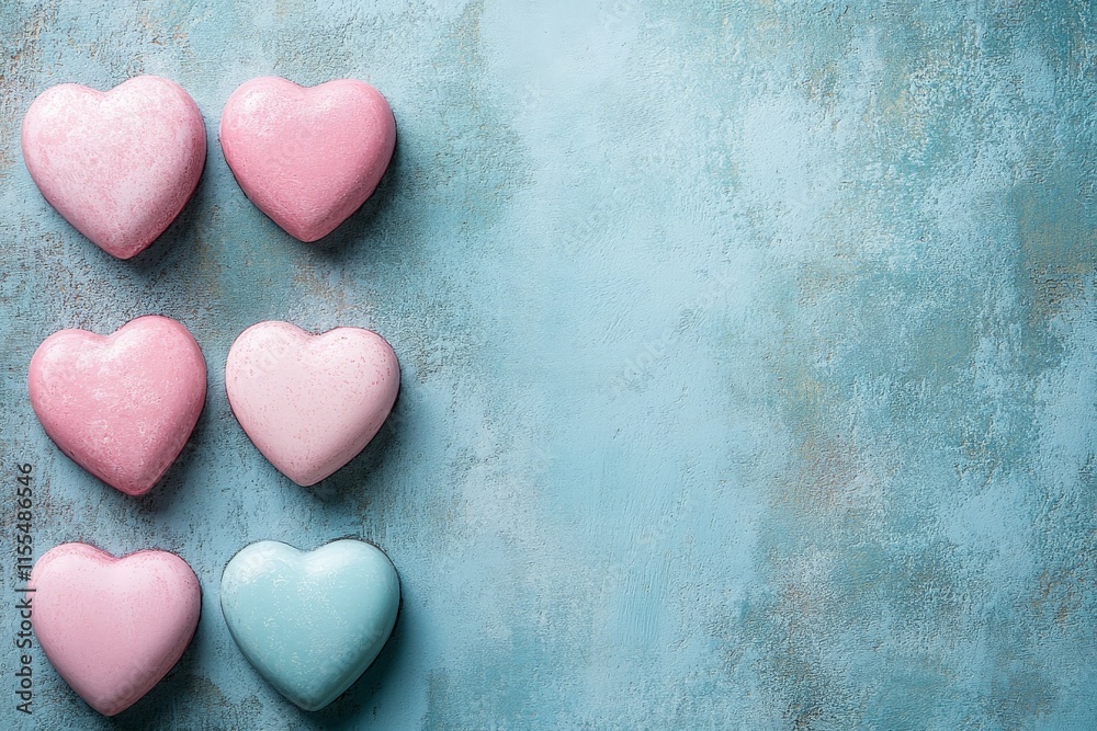 Obraz premium Colorful heart-shaped candies arranged on a textured blue surface for a festive occasion