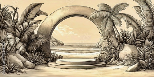 Tropical monochrome arch landscape. Serene beach by the ocean. Illustration of a tranquil paradise. Artistic and exotic landscape. Ideal for travel and vacation themes. photo