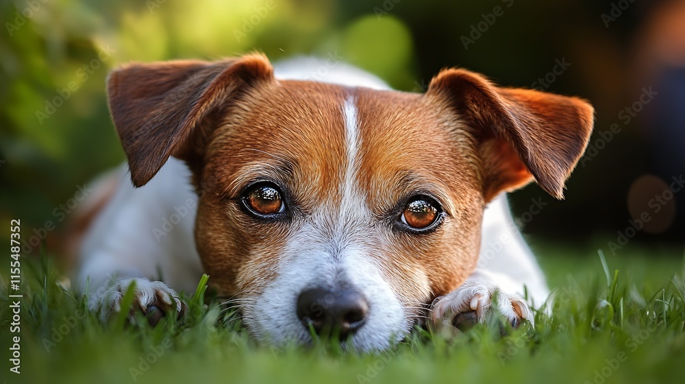 Cute Jack Russell Terrier Relaxing in Grass With Attentive Eyes and Lush Greenery Surrounding : Generative AI Cute Jack Russell Terrier Relaxing in Grass With Attentive Eyes and Lush Greenery Surrounding : Generative AI