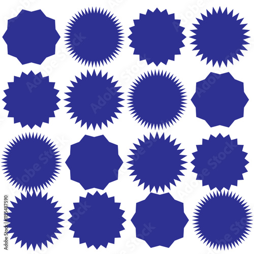 Circle sticker set. Wavy edge promo black badges. Star burst shape tags for price. Blank sale stickers. Simple silhouette. Flat vintage labels. Graphic illustration.