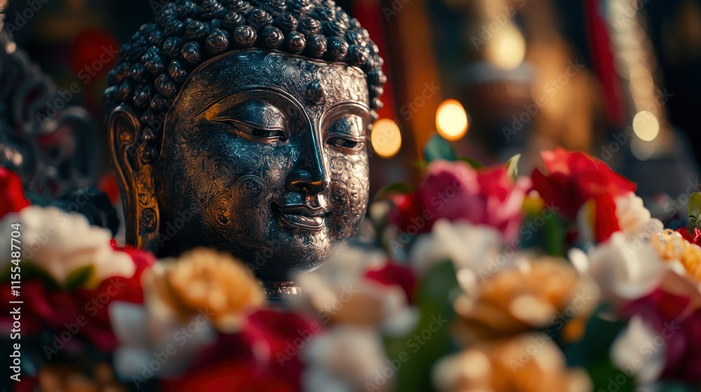 Serene Buddha Statue Adorned with Vibrant Flowers Serene Buddha Statue Adorned with Vibrant Flowers