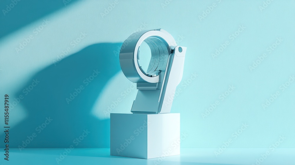 White tape dispenser on a white cube against a light blue background. White tape dispenser on a white cube against a light blue background.