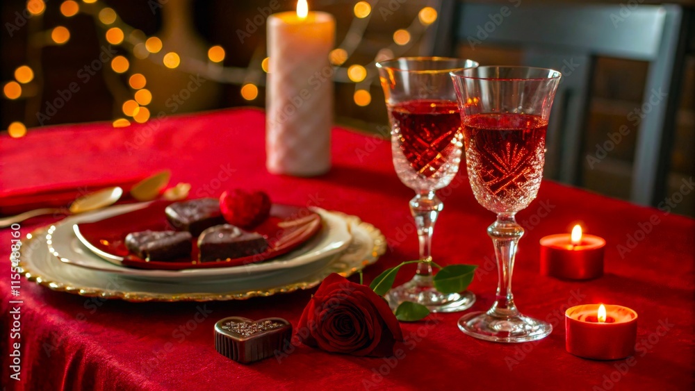 Fototapeta premium two glasses, candles, heart-shaped chocolate background