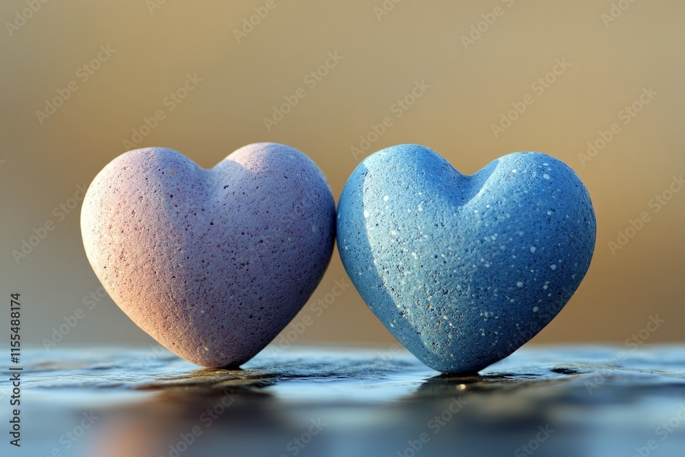 Colorful heart-shaped stones on a smooth surface with soft background colors during daylight Colorful heart-shaped stones on a smooth surface with soft background colors during daylight