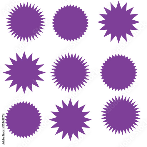 Circle sticker set. Wavy edge promo black badges. Star burst shape tags for price. Blank sale stickers. Simple silhouette. Flat vintage labels. Graphic illustration.