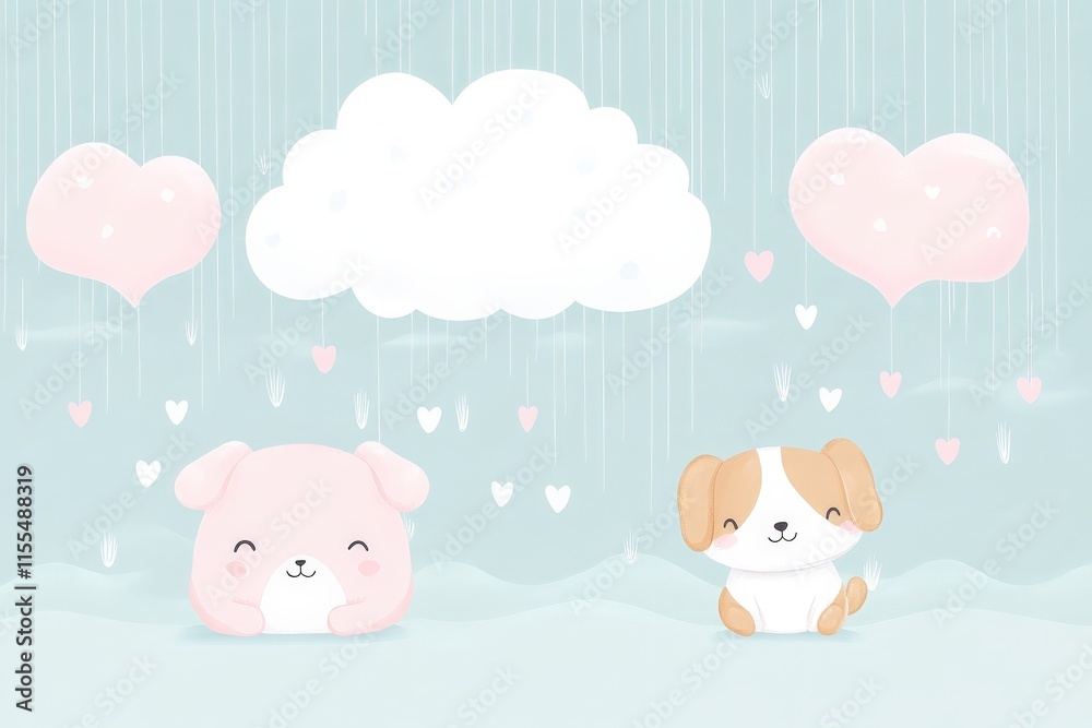 Cute cartoon animals enjoying a whimsical rainy day with heart-shaped raindrops and clouds Cute cartoon animals enjoying a whimsical rainy day with heart-shaped raindrops and clouds