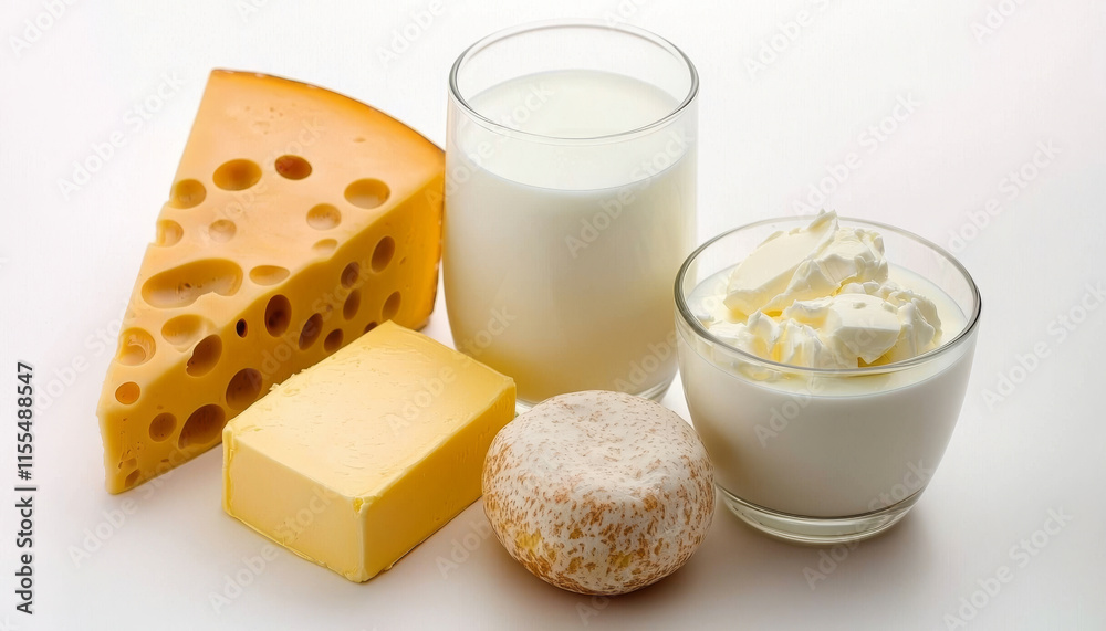 Fresh dairy products including cheese, milk, and cream create delightful assortment