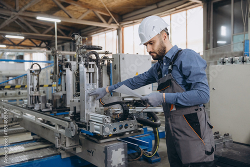 Fotografija Factory worker operating industrial machinery for aluminum and pvc windows and d