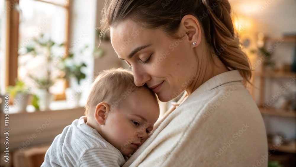 Tender moment between mother and baby embracing closely in a bright, cozy home setting