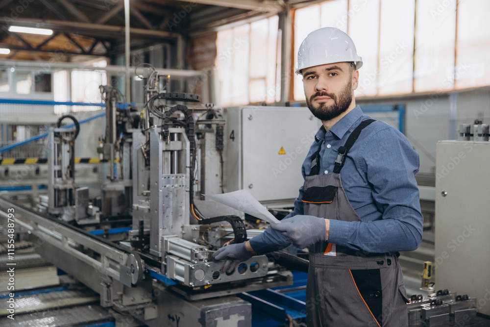 Factory worker controlling aluminum and pvc windows and doors production Factory worker controlling aluminum and pvc windows and doors production