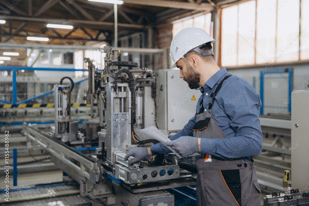 Fototapeta premium Factory worker operating machinery for aluminum and PVC windows and doors production