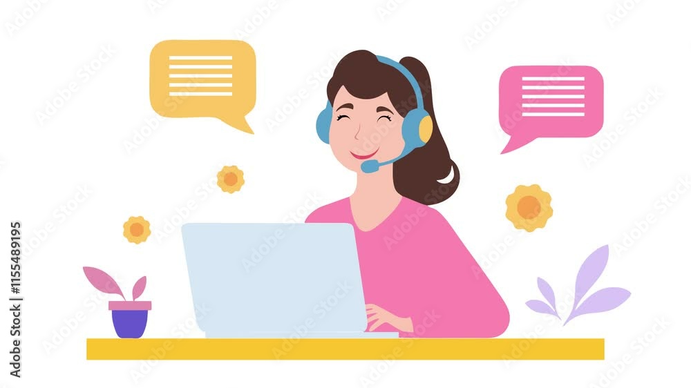 flat illustration of a cheerful customer support agent sitting at a desk with a laptop, wearing a headset with a microphone, surrounded by vibrant elements such as colorful speech bubbles, gear icon flat illustration of a cheerful customer support agent sitting at a desk with a laptop, wearing a headset with a microphone, surrounded by vibrant elements such as colorful speech bubbles, gear icon