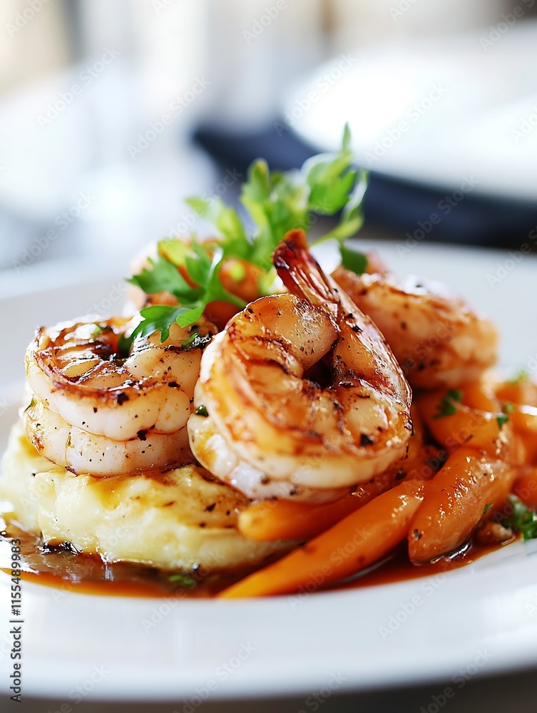 Gourmet Shrimp and Vegetables on Mashed Potatoes with Rich Sauce on Elegant Plate : Generative AI Gourmet Shrimp and Vegetables on Mashed Potatoes with Rich Sauce on Elegant Plate : Generative AI
