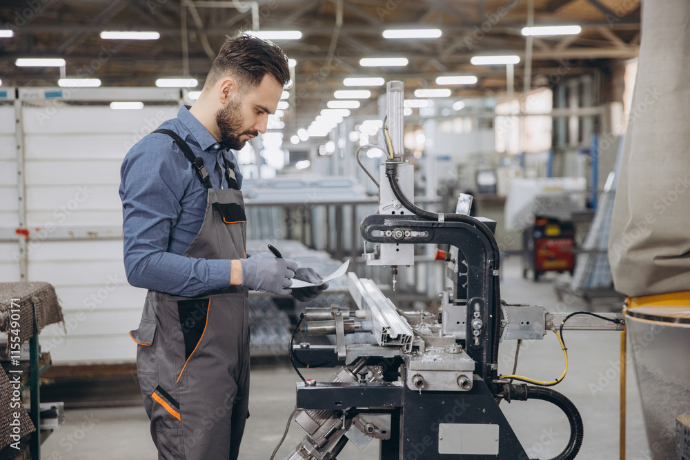 Factory worker taking notes while operating industrial machinery for aluminum window frames Factory worker taking notes while operating industrial machinery for aluminum window frames