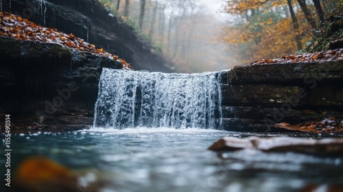 Serene Autumn Waterfall in Misty Forest