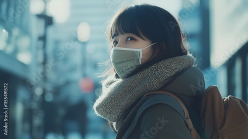 マスクをつけて歩く日本人女性 photo