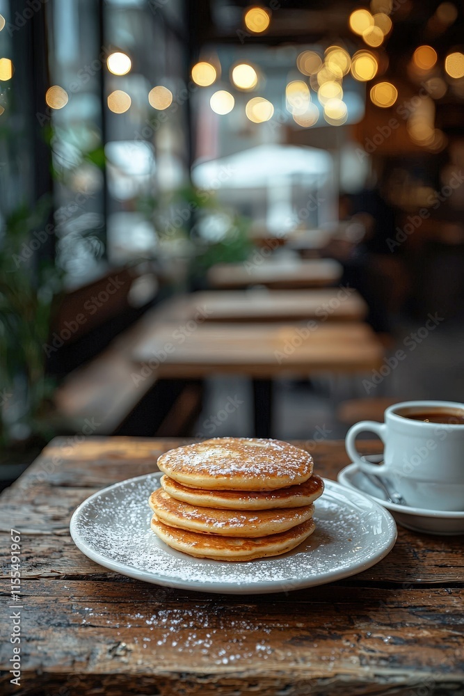 Deliciously Thin Swedish Pannkakor Stack Served with Fresh Coffee in Cozy Café Setting with Warm Lights and Rustic Wooden Tables Deliciously Thin Swedish Pannkakor Stack Served with Fresh Coffee in Cozy Café Setting with Warm Lights and Rustic Wooden Tables