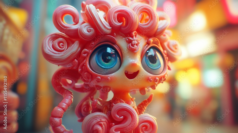 Cute pink creature with big eyes in a city.