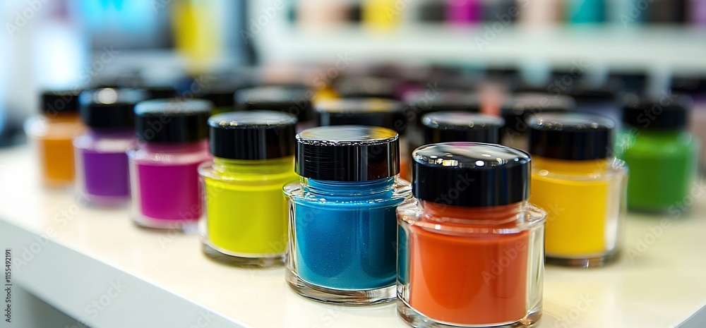 A colorful display of paint jars arranged on a shelf for artistic use. A colorful display of paint jars arranged on a shelf for artistic use.