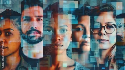 Diverse group of people with thoughtful expressions, surrounded by questionnaires and charts, symbolizing consumer survey insights and market research analysis.
