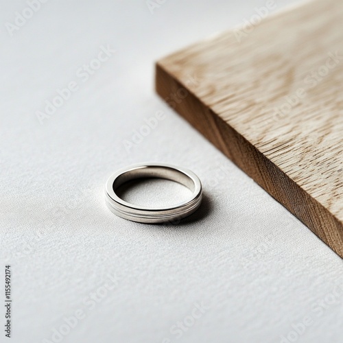 Silver wedding band on light wooden surface in minimalist setting